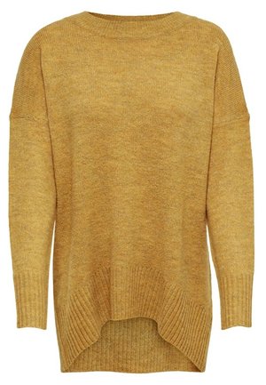 Pull en maille jaune moutarde oversize avec manches longues et ourlet côtelé haut-bas.