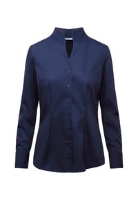 Navy blue, long-sleeve blouse with a mandarin collar, smooth texture, front button closure, and subtle embroidered logo on the side.