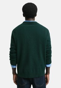 Dunkelgrüne, gestrickte Strickjacke mit Schalkragen, gerippten Bündchen und Saum. Über einem hellblauen Hemd mit weißen und blauen Streifen getragen.