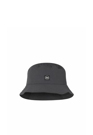 Dark gray bucket hat with wide brim and small centered logo patch reading "Buff" on front.