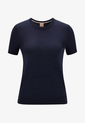 Marineblaues kurzärmeliges T-Shirt aus glattem Stoff. Mit rundem Ausschnitt und kontrastierendem Besatz sowie figurbetontem Schnitt. Schlicht und klassisch.