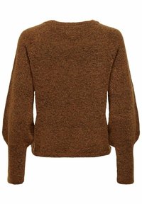 Pull tricoté marron texturé avec manches longues bouffantes et poignets boutonnés, vu de dos.