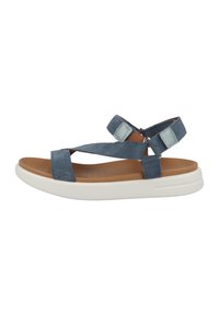 Blaue Wildledersandalen mit Kreuzriemen, verstellbarem Knöchelriemen und einer weißen, gepolsterten Sohle. Verfügt über eine strukturierte Innensohle mit Perforationen.