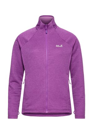 Veste en polaire violette avec col montant, fermeture éclair complète, tissu texturé, poches latérales et logo sur le côté gauche de la poitrine.