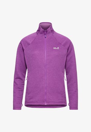 Lila Fleecejacke mit hohem Kragen, durchgehendem Reißverschluss, strukturierter Stoff, Seitentaschen und einem Logo auf der linken Brust.