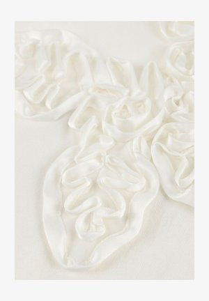 Witte stof met delicate, verhoogde lintdetails in de vorm van rozen die een gestructureerd bloemmotief vormen.