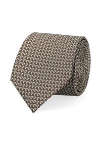 Brązowy krawat w wzory, zdobiony geometrycznym motywem z małymi kremowymi akcentami. Wykonany z tkaniny, zwinięty w cylindryczny kształt z punktowym końcem.