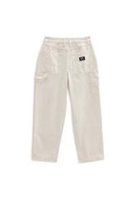 Beiga cargobyxor med en avslappnad passform, som har flera fickor, en vävd etikett på baksidan och en solid textur.