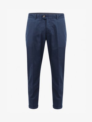 Navy blue chinos made from cotton, featuring a button closure, belt loops, a smooth texture, and rolled cuffs at the hem.