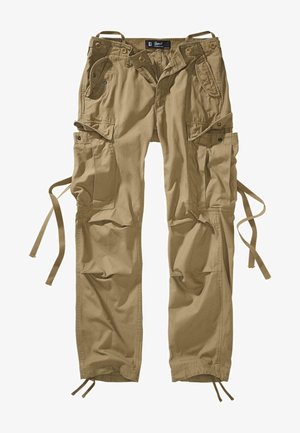 Khaški cargo hlače iz bombaža z več stranskimi žepi, vrvicami na gležnjih in gumbnimi dodatki. Čiste linije in trpežna tkanina.