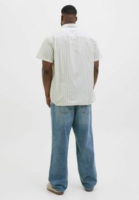 Short-sleeve, light-colored shirt with thin vertical stripes, paired with loose blue jeans. The shirt has a straight hem and a back yoke.