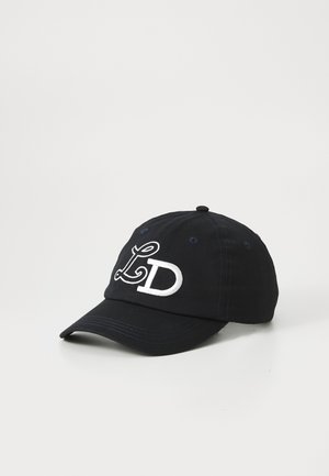 Navy blue cotton cap with curved brim, featuring white embroidered "LD" logo on the front and six ventilation holes on the crown.