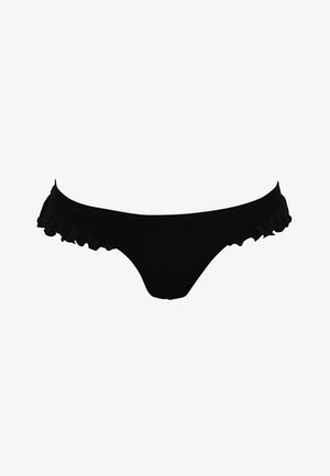 Black bikini bottom featuring a ruffled edge, made from soft fabric. The design has a low-rise cut with seamless construction and a smooth texture.