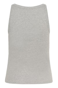 Gray tank top made of lightweight fabric, featuring a round neckline, sleeveless design, and a smooth, ribbed texture.