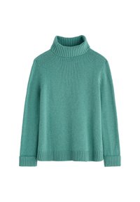 Tirkizni pulover s visokom ovratnikom napravljen od mekog pletenog materijala. Ima rebraste rukave i donji rub, s opuštenim krojem i rukavima srednje dužine.
