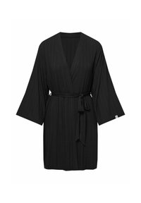 Czarna, żebrowana kimono z szerokimi rękawami i pasującym paskiem w talii. Posiada subtelną metkę na lewym rękawie.