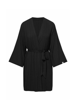 Czarna, żebrowana kimono z szerokimi rękawami i pasującym paskiem w talii. Posiada subtelną metkę na lewym rękawie.
