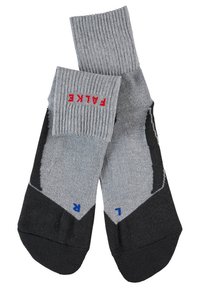 Chaussettes grises et noires avec un haut côtelé, affichant "PAIKE" en rouge sur le revers, et du texte bleu indiquant les côtés gauche (G) et droit (D).