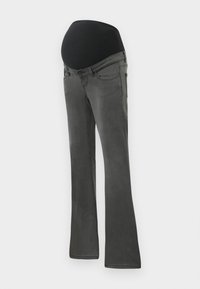 Jeans per gravidanza in denim grigio scuro con una ampia vita elastica nera, gamba dritta e una leggera sfumatura del tessuto.
