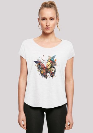 White short-sleeve T-shirt featuring a vibrant butterfly graphic with colorful floral elements, round neckline, and relaxed fit.