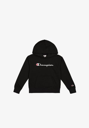 Felpa nera con cappuccio realizzata in tessuto misto cotone, con tasca frontale, cappuccio regolabile e logo bianco ricamato sul petto.