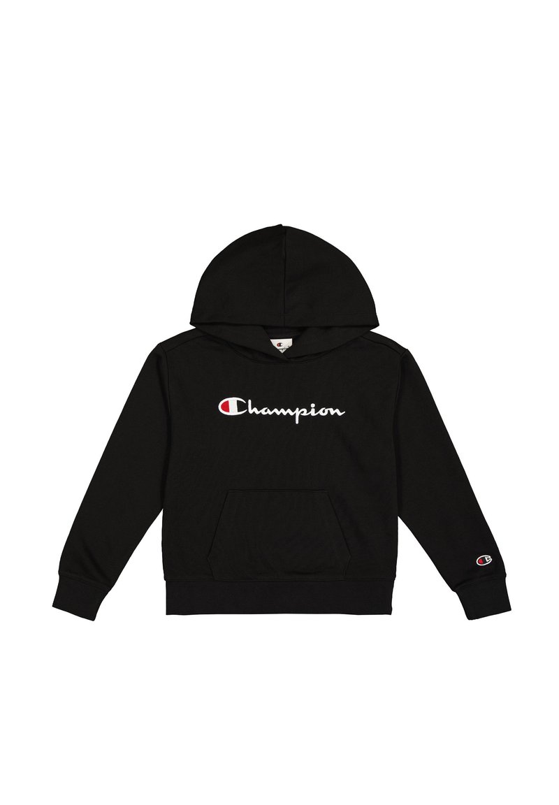 Hoodie negro hecho de una mezcla de algodón, que cuenta con un bolsillo frontal, capucha con cordones y un logotipo blanco bordado en el pecho.