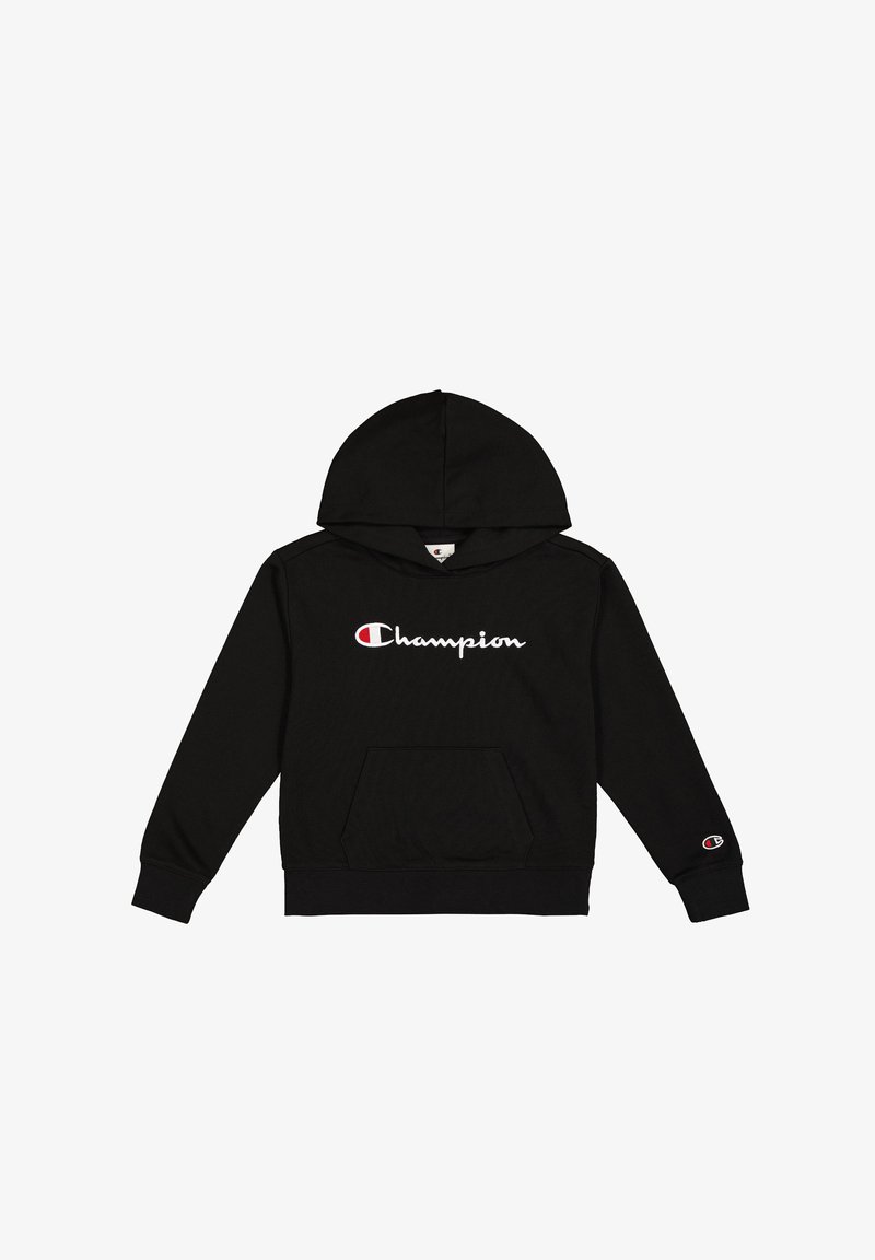 Hoodie negro hecho de una mezcla de algodón, que cuenta con un bolsillo frontal, capucha con cordones y un logotipo blanco bordado en el pecho.