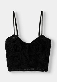 Musta pitsinen crop-top, jossa on säädettävät spagettiolkaimet, kukkakuosi, rakenteelliset saumat ja sydämenmuotoinen pääntie.