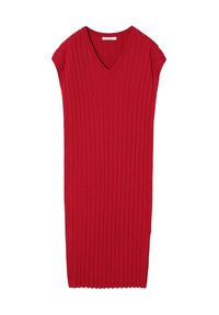 Punane sooniline kudum dress V-kaelusega ja lühikeste varrukatega. Allääre sirge, peene lainelise äärisega, mis toob esile piklikud jooned.