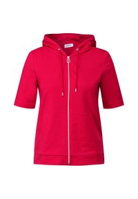 Short-sleeve hoodie in bright pink cotton blend, featuring a front zipper, adjustable drawstring hood, and two front pockets.