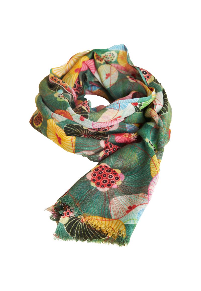 Multicolored scarf made of lightweight fabric, featuring floral patterns in pink, yellow, and green with fringed edges.