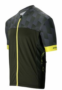Maillot de cyclisme à manches courtes de couleur vert foncé avec un haut à motifs gris, doté d'une fermeture éclair jaune et d'accents jaunes sur les manches. Fabriqué en matériau léger.