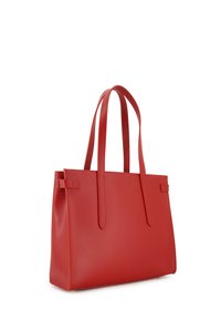 Rote Leder-Tote-Tasche mit glatter Textur, länglicher rechteckiger Form und zwei langen Tragegriffen. Sie zeichnet sich durch ein minimalistisches Design ohne sichtbare Beschläge aus.