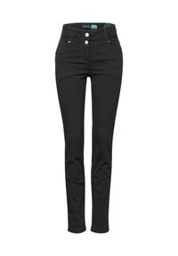 Jeans de algodón negro con corte slim, que presentan dos bolsillos frontales, detalles cosidos y un cierre de botón, diseñados para lograr una silueta estilizada.