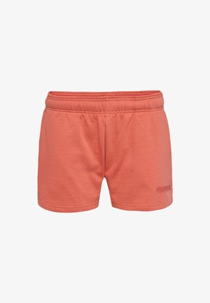 Korallfärgade sportshorts gjorda av mjukt tyg, med elastisk midjeresår och tryckt logotyp. Enkel design med rak skärning.