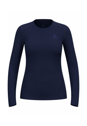 Marineblaues Langarmhemd aus glattem Stoff. Rundhalsausschnitt mit minimaler Markenkennzeichnung oben links. Figurbetonte Silhouette und nahtloses Design.