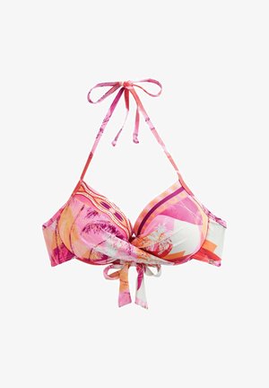 Ružový a oranžový vzorovaný halter bikiny top s motívom palmy, zapínaný na šnúrky na krku a vpredu, s vypchávkami a kosticovou podložkou.