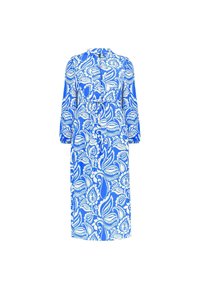 Blue dress featuring a white paisley pattern, long sleeves, a button-up neckline, and a cinched waist for a relaxed silhouette.