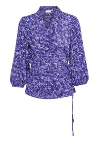 Blouse portefeuille florale violette avec manches longues bouffantes, détail à nouer sur le côté, et tissu léger texturé aux nuances de lilas et de bleu.