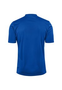 Kortärmad, atletisk t-shirt i solid blå färg. Tillverkad av mjukt, lätt tyg med rund ringning och utan synliga mönster eller detaljer.