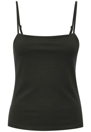 Top camisole noir ajusté sans manches avec fines bretelles réglables et encolure droite.