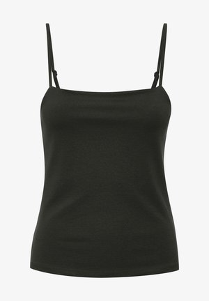 Top camisole noir ajusté sans manches avec fines bretelles réglables et encolure droite.
