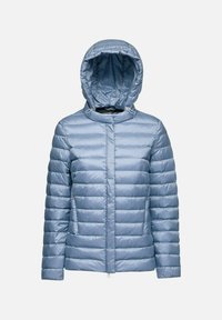 Giubbotto imbottito blu chiaro con cappuccio, caratterizzato da un design a quadri, tasche laterali con zip e una texture liscia e lucida.