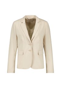 Beiger Blazer aus glattem Stoff, mit Reverskragen, zwei Knöpfen und zwei Fronttaschen. Einfaches Design mit taillierter Passform.