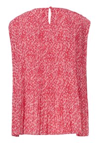 Czerwona bluzka w deseń z luźnym krojem, szczegółem w postaci wycięcia z tyłu i oddychającego materiału. Posiada teksturowany wzór w różnych odcieniach różu.