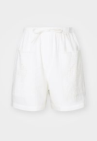 Λευκά βαμβακερά σορτς με ελαστική μέση, κορδόνι ρύθμισης και δύο μπροστινές τσέπες που έχουν πολύπλοκα κεντήματα.