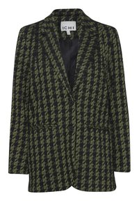 Černý a zelený houndstooth blazer se dvěma knoflíky, špičatými klopami a dvěma bočními kapsami. Hladká podšívka. Přiléhavý střih.