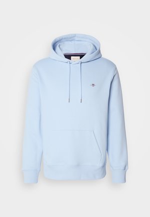 Light blue hoodie made of soft cotton, featuring a front kangaroo pocket, drawstring hood, and small embroidered logo on the chest.