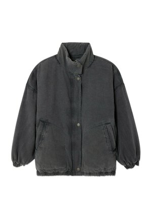 Dunkelgraue, übergroße Jacke mit hohem Kragen, Druckknopfverschluss vorne, elastischen Bündchen, zwei Vordertaschen und elastischem Saum.