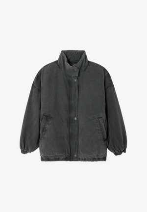 Dunkelgraue, übergroße Jacke mit hohem Kragen, Druckknopfverschluss vorne, elastischen Bündchen, zwei Vordertaschen und elastischem Saum.